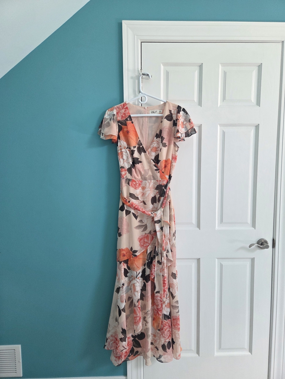 Eliza J Peach and Coral Floral Wrap Maxi Dress